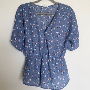 Blue Floral Blouse Pinched at Waist